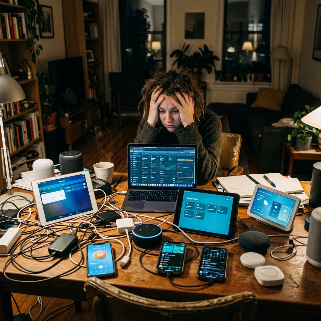 Überforderte Person vor zu vielen Smart Home Geräten und Kabeln