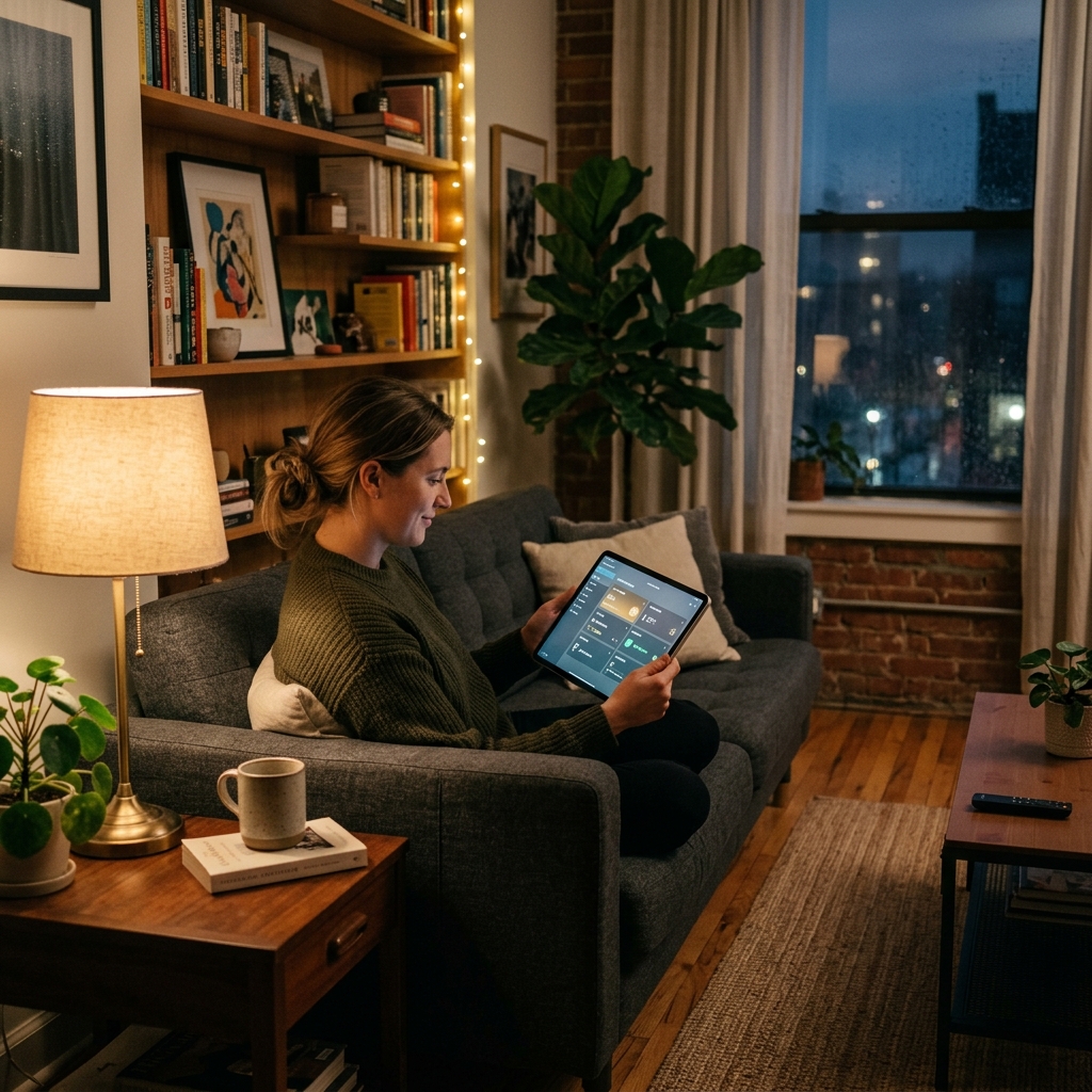 Person mit Tablet – Smart Home Übersicht im Wohnzimmer