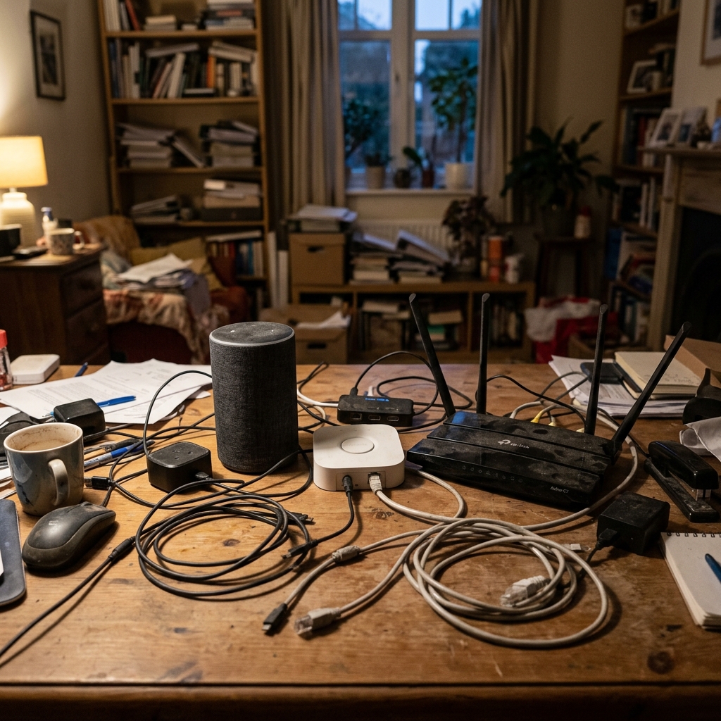 Chaotisches Schreibtisch-Setup mit vielen Smart Home Geräten und Kabeln