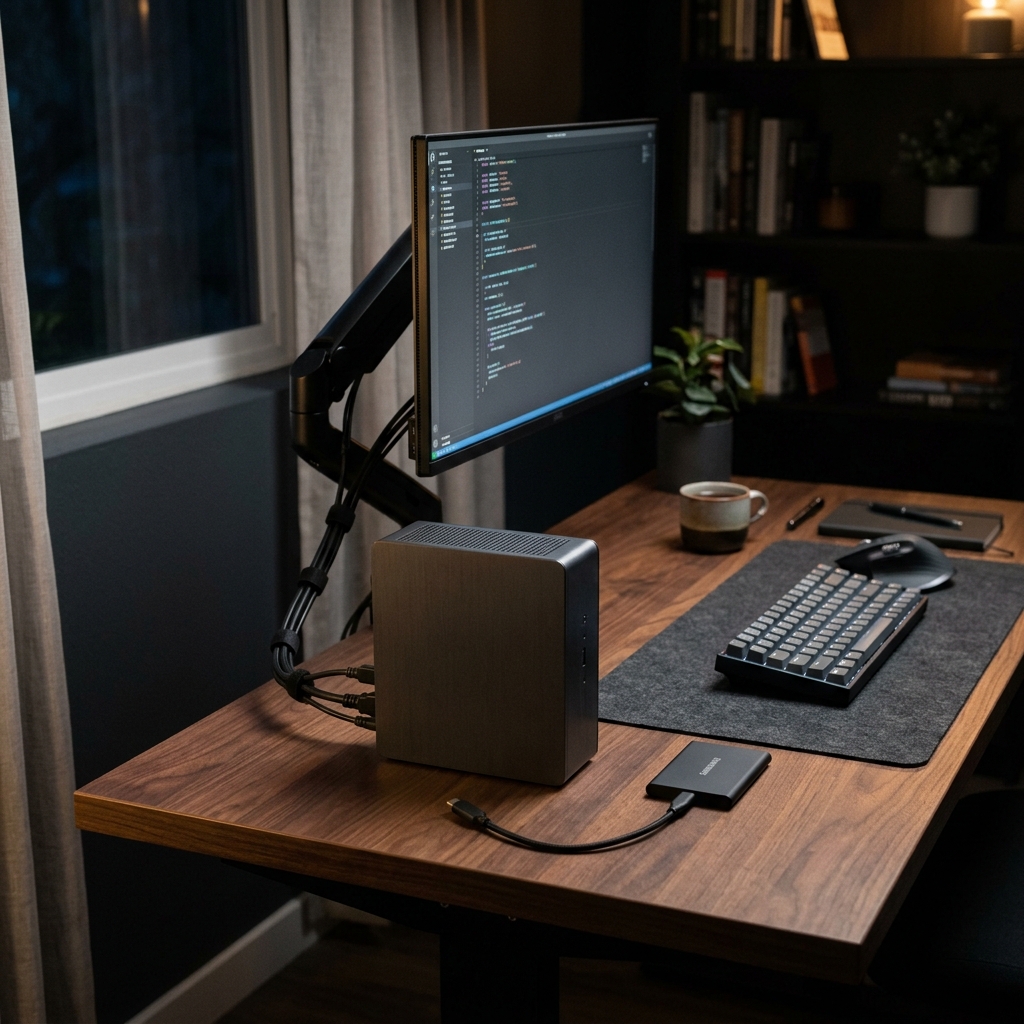 Aufgeräumtes Schreibtisch-Setup mit kompaktem PC als Home-Server